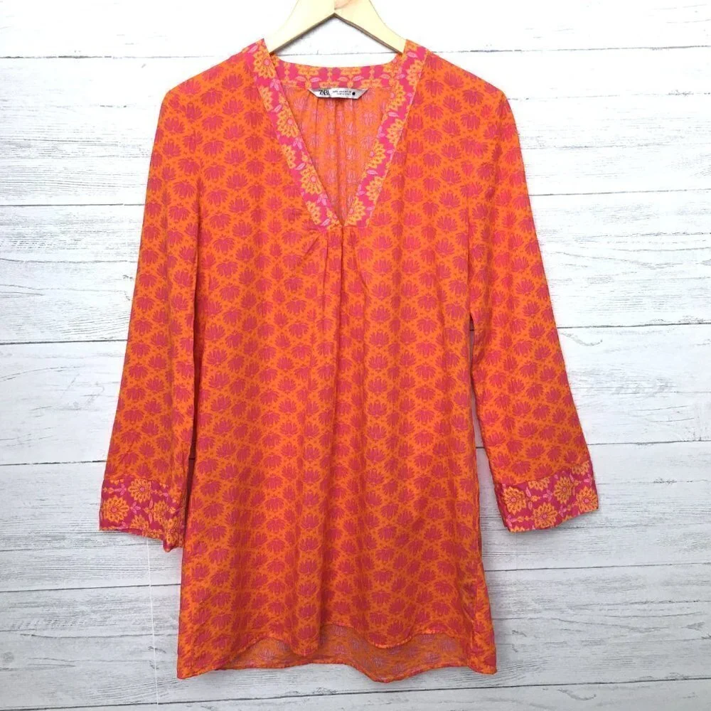 Zara Women's Pink and Orange Print Dress Long Sleeves V-Neck Lightweight size S